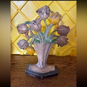 Antique Hubley Cast Iron Tulip Doorstop #443 Hand Painted Vintage Home Decor